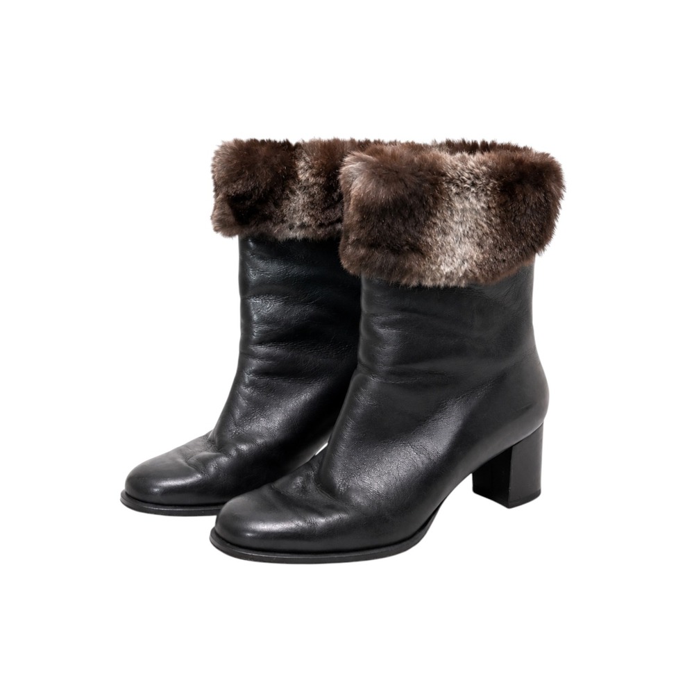 Silvano Lattanzi Boots Womens 41 Black Leather Fur Trim Ankle Italy Block Heel
